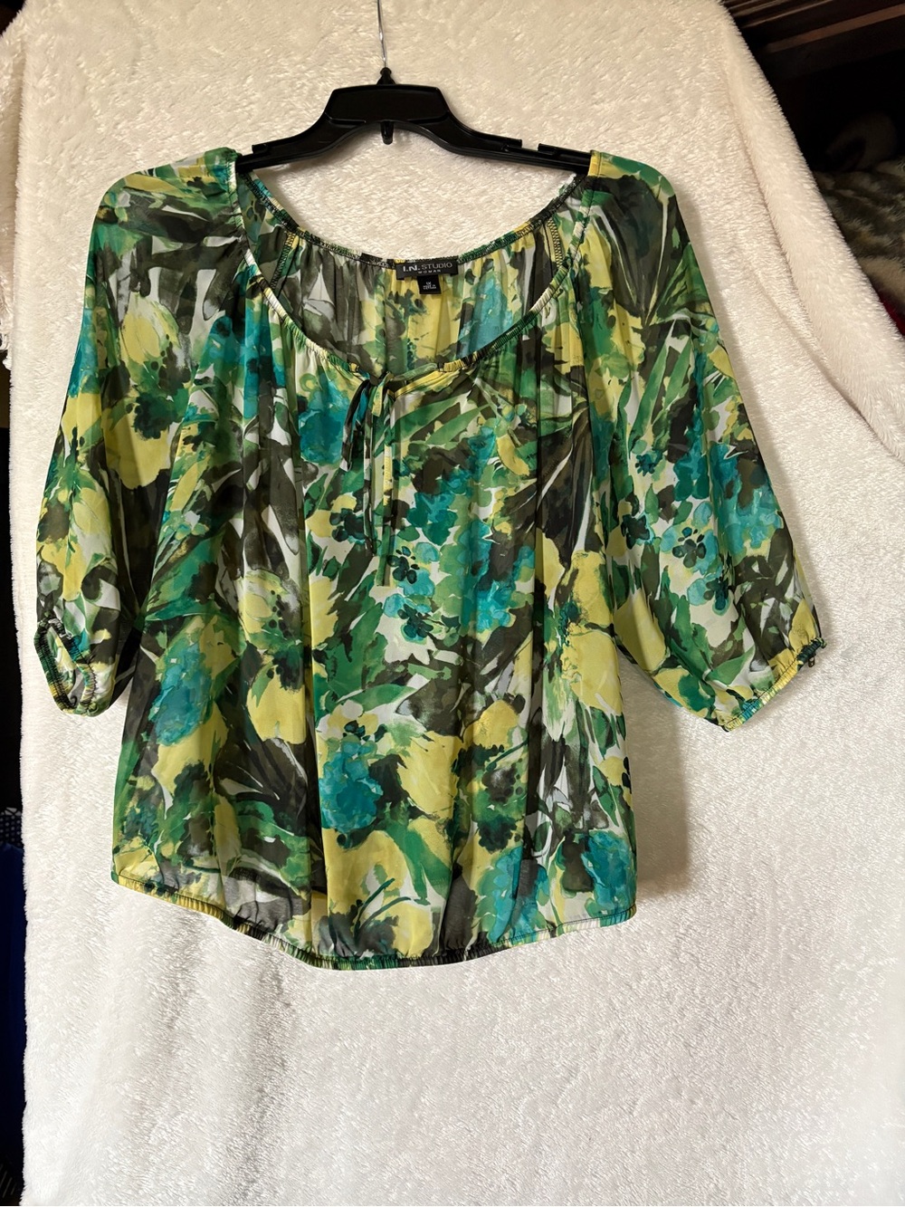 I.N. Studio Green Teal Floral Peasant Blouse